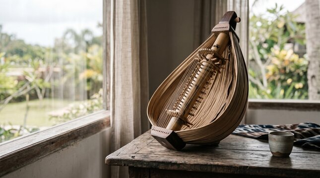 Elegant sasando instrument in soft light. Ideal for heritage storytelling, cultural campaigns, and unique Indonesian music visuals.