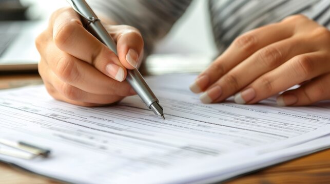 Hand writes on a form with focused intent. Nail polish reflects careful attention. Paper lies flat, ready for signature. Desk surface holds clipped documents. Person's posture suggests diligence