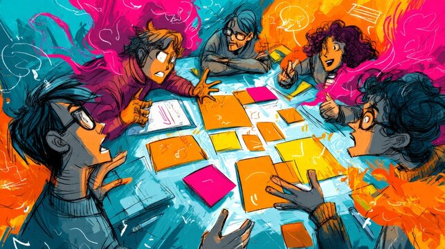 Vibrant photo of friends gathered around a colorful table. They excitedly engage with puzzle pieces and lively expressions. Dynamic swirls of pink, orange, and blue fill the energetic background