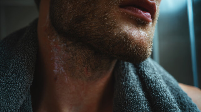 Trans man shaving face with towel around neck in bathroom, close up shows facial hair and wet skin, expressing confidence and self care