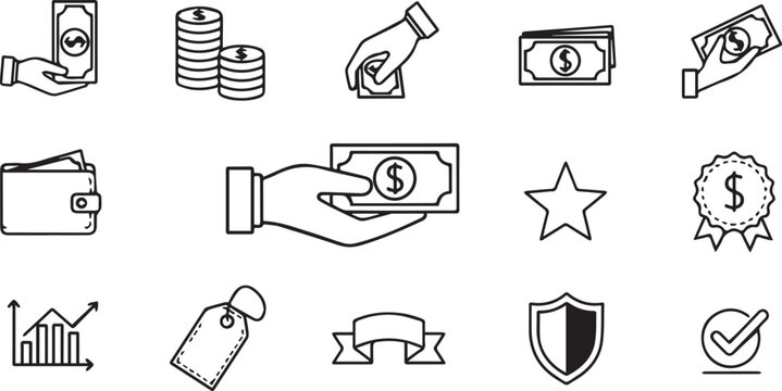 Money Payment Finance Outline Icons Set Isolated on White Background