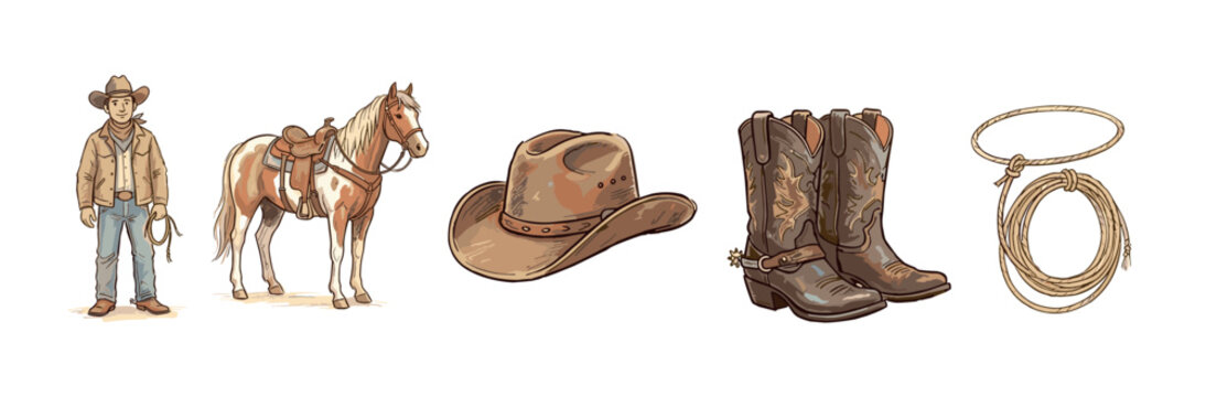 Set of hand-drawn cowboy western illustrations with a man, saddled horse, hat, leather boots, and lasso in a vintage sketch style for a rodeo theme