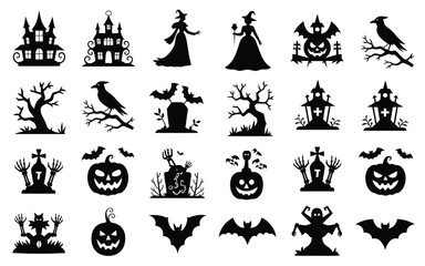 Fototapeta premium Elegant halloween themed silhouette collection featuring haunted castles mystical witches carved pumpkins and eerie bats against a stark white background for spooky seasonal