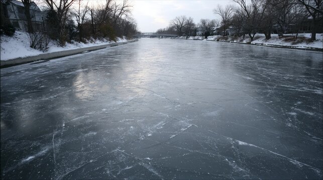 A vast expanse of smooth, polished ice covers a frozen riverbend, showcasing intricate surface patterns under an overcast winter sky.