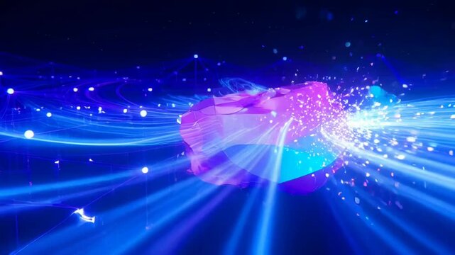 Polygonal crystal glowing in a digital network with blue and purple energy flow.
