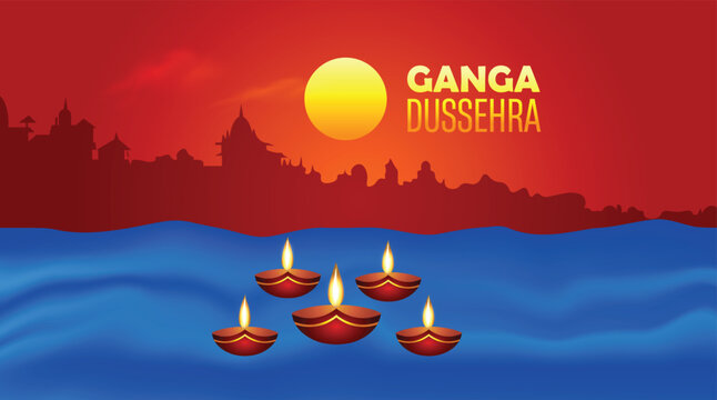 Ganga Dussehra festival vector poster with lamps river spiritual celebration