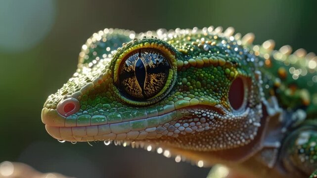 Close-up extreme detail of a bright green gecko with sparkling dew drops on its skin