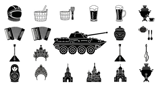 Diverse collection of iconic Russian symbols and cultural elements in monochrome silhouette illustrations, encompassing traditional heritage, history, and national identity