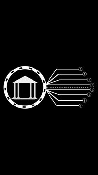 White classical building silhouette inside circular frame. White building icon symbol. Animated classical building icon for architecture and institutional organization art.