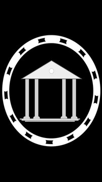 Futuristic white classical building icon in circular frame. White building icon symbol. Animated building icon for institutional branding and professional architectural art.