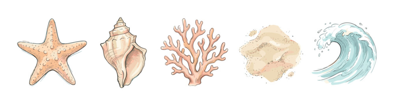 Collection of hand-drawn sea elements including a starfish, seashell, coral, sand, and wave in a charming watercolor sketch style with delicate pastel colors and black outlines