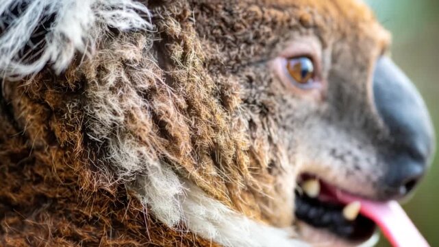 Close-up macro shot of a koala's fuzzy fur and eye showcasing intricate details and warm tones