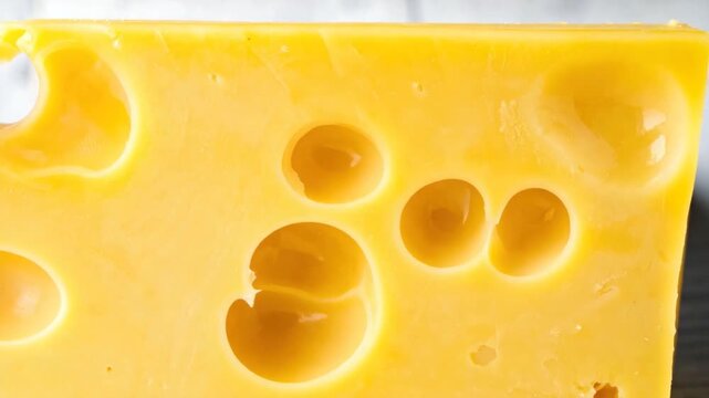 Close-up macro shot of yellow Swiss cheese with characteristic holes food texture and background