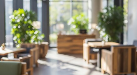 Fototapeta premium A bright and airy reception area with wooden furniture and lush green plants, bathed in natural sunlight.