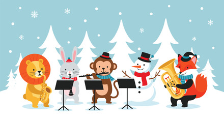 Obraz premium Cute animal band including a lion, rabbit, and monkey plays music in a snowy forest with a snowman and fox.