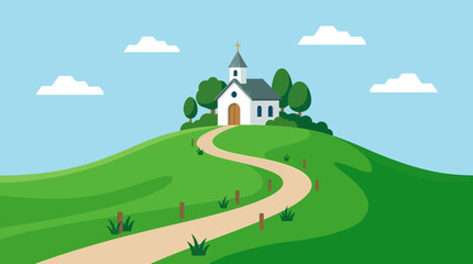 Fototapeta premium A serene church sits atop a green hill with a winding path leading to it under a blue sky.