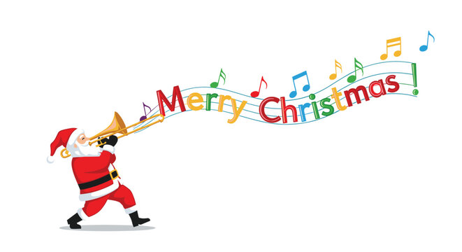 Santa claus plays a golden trombone with colorful merry christmas text and musical notes on a white background.