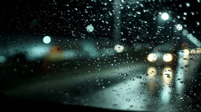 Frozen rain droplets creating bokeh lights on a car windshield at night during a winter drive