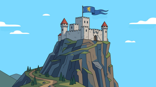 A majestic medieval castle sits atop a rugged rocky mountain with a flag waving