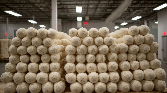Neatly Stacked Frozen Fishball Packs Ready for Export in a Warehouse Setting