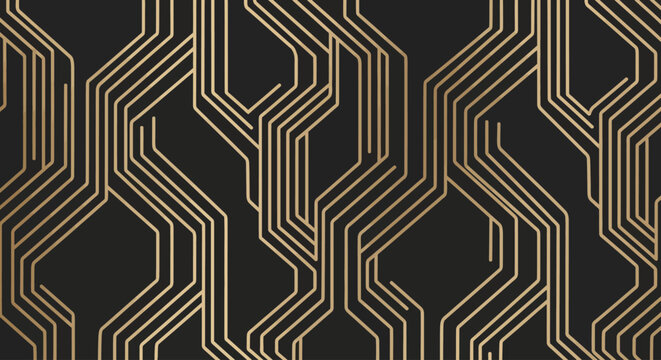Elegant seamless abstract pattern featuring interconnected golden geometric lines on a deep dark backdrop, perfect for luxurious modern and art deco inspired designs