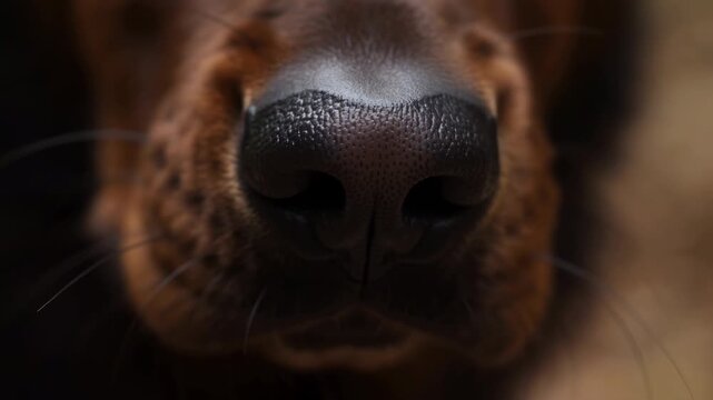 Dark Canine Snout Detects Odors Sharply. Intense Closeup Of Dog Monitoring Scent In Low Light Conditions
