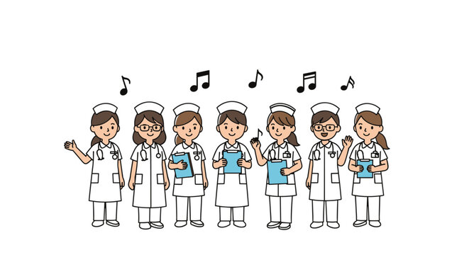 Seven friendly nurses in white uniforms wave and smile with musical notes floating above them on a white background.