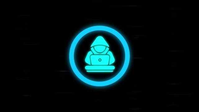 Digital hacker icon with futuristic glowing circle animation. Cyber attack concept hacker avatar with glitch overlay 4k.