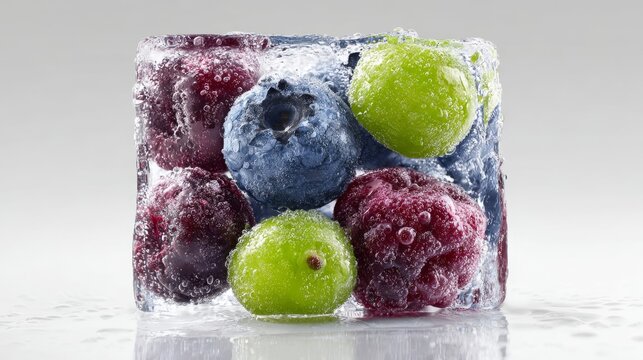 Assorted Berries and Grapes Frozen Within a Crystal Clear Ice Block