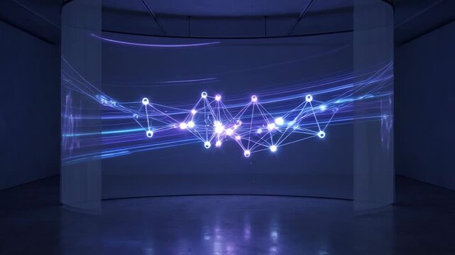 glowing digital nodes and blue light trails on a curved projection screen