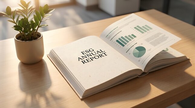 Open ESG Annual Report Book on Wooden Desk with Potted Plant