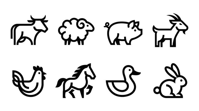 Farm animals icons set line style.