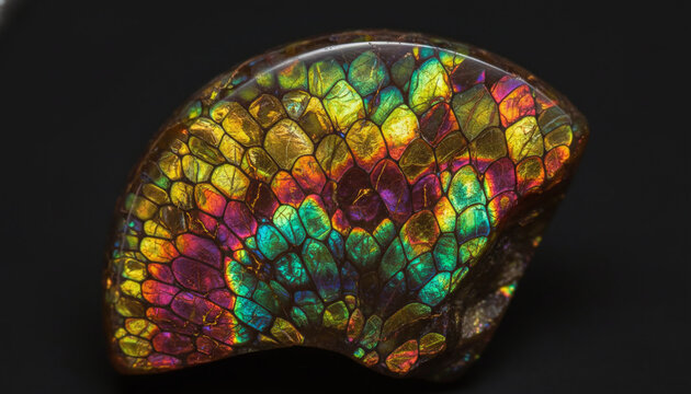 Polished Ammolite gemstone texture with iridescent dragon scale pattern