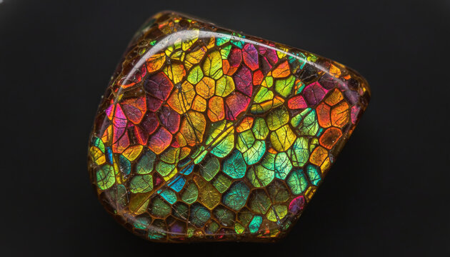 Polished Ammolite gemstone texture with iridescent dragon scale pattern
