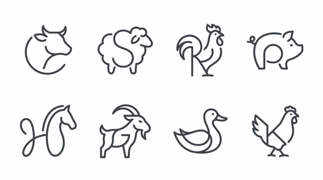 Farm animals line art icons set 1.