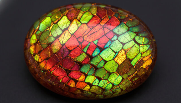 Polished Ammolite gemstone texture with iridescent dragon scale pattern