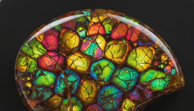Polished Ammolite gemstone texture with iridescent dragon scale pattern