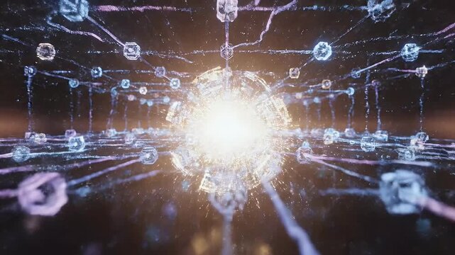 A futuristic abstract visualization depicts a complex network of glowing lines and nodes converging towards a central point, creating a sense of interconnectedness and digital information flow.