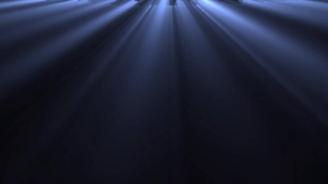 Cinematic Blue Sunrays Falling from Top on Black Background; Volumetric Light Beams and God Rays Overlay for Heavenly or Stage Lighting Effects.