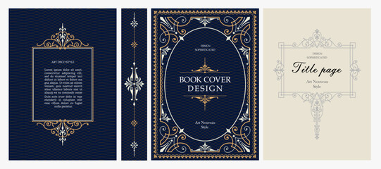 Naklejka premium Classic vintage book cover, title page, spine design with Art Deco, Baroque, Art Nouveau and Victorian ornaments. Elegant decorative frame, retro style for publications, posters and artistic layouts.