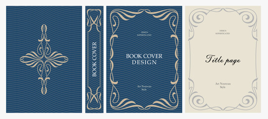 Naklejka premium Classic vintage book cover, title page, spine design with Art Deco, Baroque, Art Nouveau and Victorian ornaments. Elegant decorative frame, retro style for publications, posters and artistic layouts.