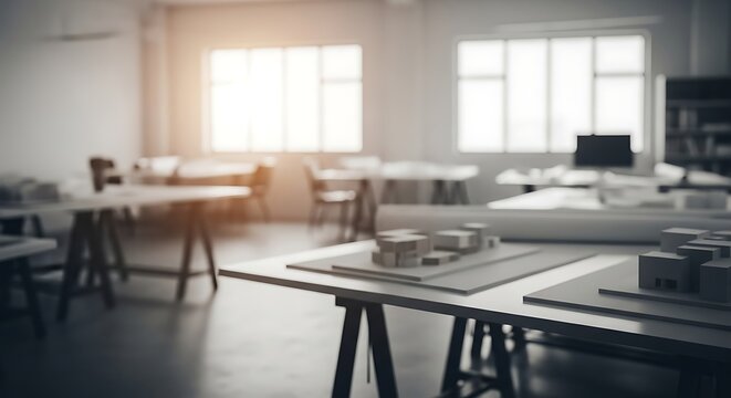 Architectural models and drafting tables in a sunlit studio, showcasing a creative workspace.