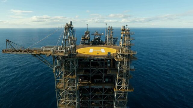 Aerial drone shot approaching an offshore oil rig helipad in the middle of the deep blue ocean.