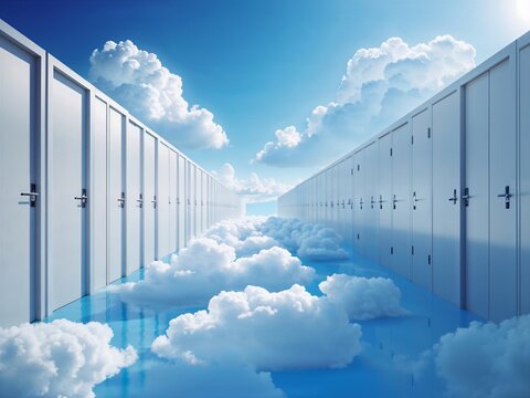 Centaines de portes blanches flottant dans un ciel bleu &ndash; Concept surr&eacute;aliste d'opportunit&eacute;s et de choix _ Hundreds of identical white doors floating in a blue sky &ndash; Surreal opportunity and choice 