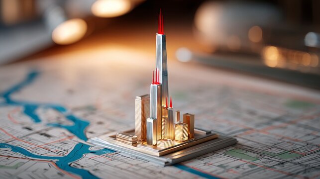 A vibrant model of a skyscraper on a city map with warm lighting effects.
