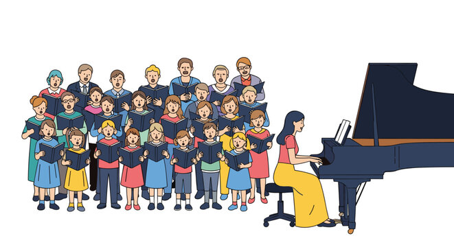 Large community choir featuring adults and children singing carols while a pianist accompanies them on a grand piano.