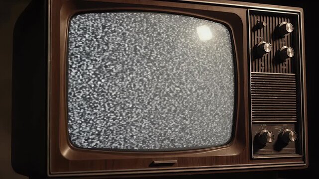 A vintage television set displays static on its screen, evoking a sense of nostalgia and the bygone era of analog broadcasting.