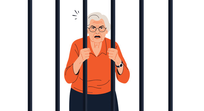 Angry elderly woman wearing glasses and an orange shirt looks out from behind black prison bars in a cell.