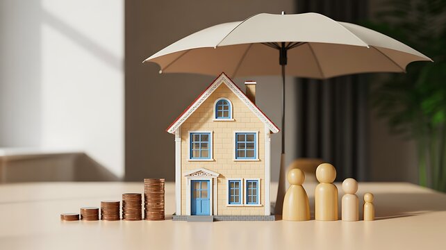 House model under umbrella with coins and people figures representing financial protection insurance and security concept