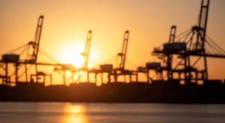 Obraz premium Silhouette of industrial cranes at sunset over the water, reflecting the warm golden light.